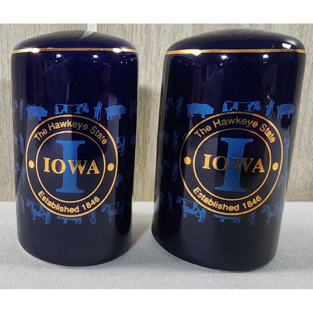 Iowa Salt Pepper Shakers Cobalt Blue‎ Gold Trim The Hawkeye State Cows Pigs Corn